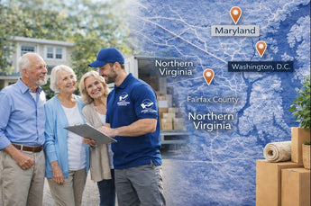 Man in a blue shirt with a logo standing next to two women, with a map of Northern Virginia in the background.